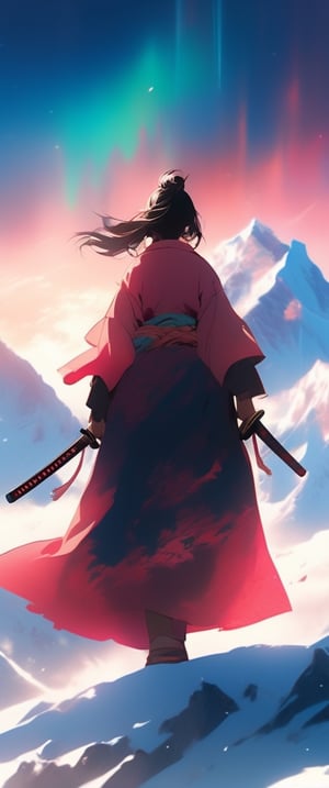 A minimalist design with a vintage touch, featuring a cool, beautiful and stylish anime a female samurai clothes silhouette in faded, camera from the back, awesome and bright colors. holding a sword on right hand ,long hair, dynamic pose, beautiful cute and skins woman with long leg, full body ,wearing trandition dress, A giant snow Mt.Everest mountain with a cave in tibet, a beautiful sunset sky with crazy auroras, vivid colors, ultra-detailed, best quality, absurdres, masterpiece