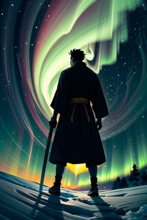 A minimalist design with a vintage touch, featuring a cool, beautiful and stylish anime a male with samurai looking clothes silhouette in faded, very long hair, full body, camera from the back, awesome and bright colors, holding a long sword, with blindfold, dynamic pose, handsome cute and skins man with long leg, wearing trandition dress, A giant snow Mt.Everest mountain with a cave in tibet, a beautiful sunset sky with crazy auroras, vivid colors, ultra-detailed, best quality, absurdres, masterpiece
