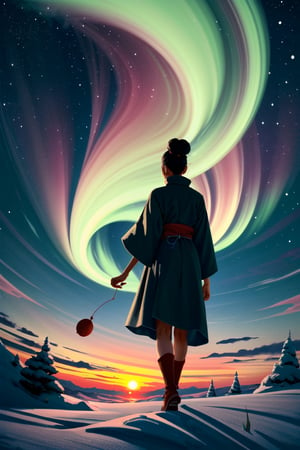A minimalist design with a vintage touch, featuring a cool, beautiful and stylish anime a female with samurai clothes silhouette in faded, full body, holding a very long grass on right hand, camera from the back, awesome and bright colors. , short hair with bun, many big leaves flying near her body like magic, dynamic pose, beautiful cute and skins woman with long leg, ,wearing trandition dress, A giant snow Mt.Everest mountain with a cave in tibet, a beautiful sunset sky with crazy auroras, vivid colors, ultra-detailed, best quality, absurdres, masterpiece