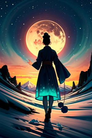 A minimalist design with a vintage touch, featuring a cool, beautiful and stylish anime a female with samurai clothes silhouette in faded, full body, holding a very long rope strap on right hand, camera from the back, awesome and bright colors. , short hair with bun, many leaves flying near her hands like magic, dynamic pose, beautiful cute and skins woman with long leg, ,wearing trandition dress, A giant snow Mt.Everest mountain with a cave in tibet, a beautiful sunset sky with crazy auroras, vivid colors, ultra-detailed, best quality, absurdres, masterpiece