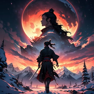 A minimalist design with a vintage touch, featuring a cool, beautiful and stylish anime a female samurai clothes silhouette in faded, camera from the back, awesome and bright colors. holding a sword on right hand ,long hair, dynamic pose, beautiful cute and skins woman with long leg, full body ,wearing trandition dress, A giant snow Mt.Everest mountain with a cave in tibet, a beautiful sunset sky with crazy auroras, vivid colors, ultra-detailed, best quality, absurdres, masterpiece