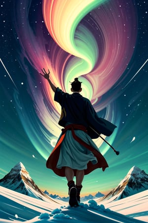 A minimalist design with a vintage touch, featuring a cool, beautiful and stylish anime a boy with samurai clothes silhouette in faded, full body, long hair, camera from the back, awesome and bright colors. , very long hair, dynamic pose, beautiful cute and skins woman with long leg, ,wearing trandition dress, A giant snow Mt.Everest mountain with a cave in tibet, a beautiful sunset sky with crazy auroras, vivid colors, ultra-detailed, best quality, absurdres, masterpiece