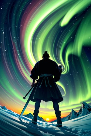 A minimalist design with a vintage touch, featuring a cool, beautiful and stylish anime a male with samurai looking clothes silhouette in faded, long hair, full body, camera from the back, awesome and bright colors, holding a long sword, with blindfold, dynamic pose, handsome cute and skins man with long leg, wearing trandition dress, A giant snow Mt.Everest mountain with a cave in tibet, a beautiful sunset sky with crazy auroras, vivid colors, ultra-detailed, best quality, absurdres, masterpiece