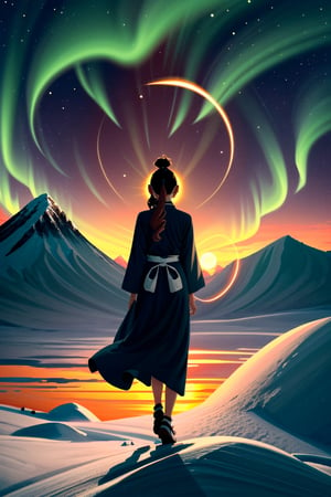 A minimalist design with a vintage touch, featuring a cool, beautiful and stylish anime a female with samurai clothes silhouette in faded, full body, camera from the back, awesome and bright colors. , very long hair, a transparent circle in front showing sight of future, dynamic pose, beautiful cute and skins woman with long leg, ,wearing trandition dress, A giant snow Mt.Everest mountain with a cave in tibet, a beautiful sunset sky with crazy auroras, vivid colors, ultra-detailed, best quality, absurdres, masterpiece