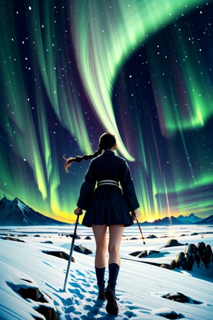 A minimalist design with a vintage touch, featuring a cool, beautiful and stylish anime a female samurai clothes silhouette in faded, camera from the back, awesome and bright colors. holding a sword on right hand ,long hair, dynamic pose, beautiful cute and skins woman with long leg, full body ,wearing trandition dress, A giant snow Mt.Everest mountain with a cave in tibet, a beautiful sunset sky with crazy auroras, vivid colors, ultra-detailed, best quality, absurdres, masterpiece