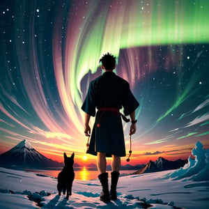 A minimalist design with a vintage touch, featuring a cool, beautiful and stylish anime a male samurai clothes silhouette in faded, camera from the back, awesome and bright colors. 

two dog standing, short black hair, dynamic pose, beautiful cute and skins man with long leg, full body ,wearing trandition dress, A giant snow Mt.Everest mountain with a cave in tibet, a beautiful sunset sky with crazy auroras, vivid colors, ultra-detailed, best quality, absurdres, masterpiece