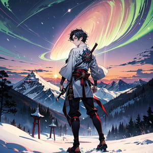 A minimalist design with a vintage touch, featuring a cool, beautiful and stylish anime a male with samurai looking clothes silhouette in faded, sword made by ice , full body, camera from the back, awesome and bright colors. , bonde hair, dynamic pose, handsome cute and skins man with long leg, wearing trandition dress, A giant snow Mt.Everest mountain with a cave in tibet, a beautiful sunset sky with crazy auroras, vivid colors, ultra-detailed, best quality, absurdres, masterpiece