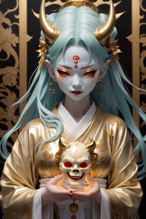japanese girl, hannya, cute ghost, oni doll, pretty, alphonse mucha, gold leaf, holy light