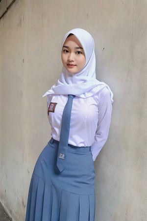 close up, white shirt, grey necktie, grey skirt ,8k, RAW photo, best quality, masterpiece:1.2), ultra detailed, ultra high res,at school,((medium breasts)),(white hijab)),(long shot), (classroom background) , 5_fignered, hands on hips, seductive_pose