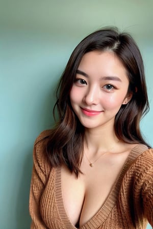 instagram photo, closeup face photo of 23 y.o Chloe in brown knitted sweater, cleavage, pale skin, (smile:0.4), hard shadows, blue eyes, office background 