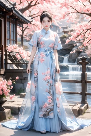 A 16-year-old Japanese beauty,in the sakura flowers.Turn slightly. Dynamic pose. smile,