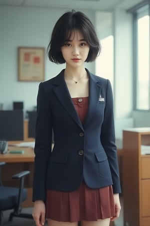 1girl, short hair, black hair, blazer, skirt, office room