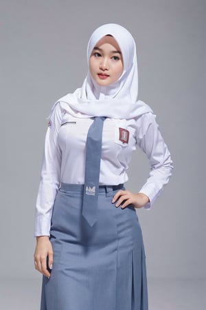 close up, white shirt, grey necktie, grey skirt ,8k, RAW photo, best quality, masterpiece:1.2), ultra detailed, ultra high res,at school,((medium breasts)),(white hijab)),(long shot), (studio photos background) , 5_fignered, hands on hips, seductive_pose, empty classroom background