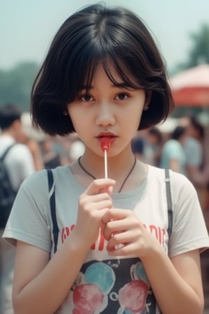 1girl, short hair, black hair, casual fashion, carrying Lollipop in hands, carnavals,ultra detail,ultra realistic,ultra sharpen, realistic photography 