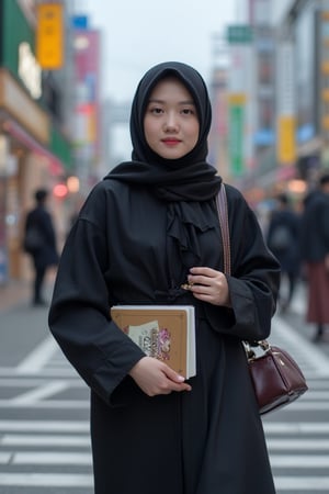 1girl, black hijab, carrying books, full body shot, tokyo street, stores, clear sky