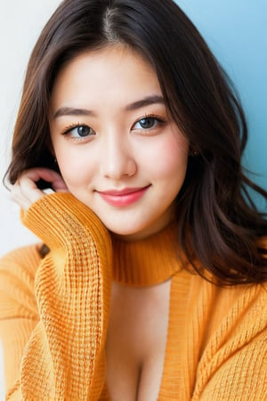 instagram photo, closeup face photo of 23 y.o Chloe in red knitted sweater, cleavage, pale skin, (smile:0.4), hard shadows, blue eyes, office background 