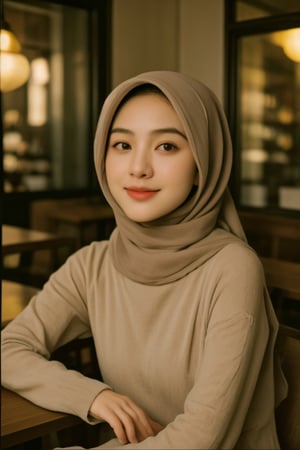 portrait of a beautiful girl, wearing a Islamic hijab, best quality, 4k, high resolution, masterpiece: 1.2, highly detailed, realistic: 1.3, new york cafe background, sitting on a cafe chair, natural,asiangirl