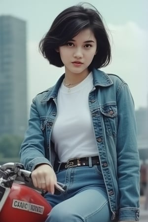 1girl, short hair, black hair, white t shirt, denim jacket, jeans, motorcycle 