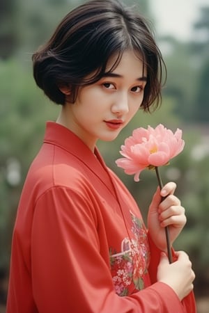 1girl, short hair, black hair, red hanfu fashion, carrying peony flower, garden background 