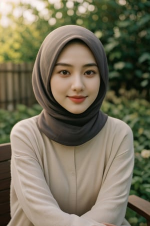 portrait of a beautiful girl, wearing a Islamic hijab, best quality, 4k, high resolution, masterpiece: 1.2, highly detailed, realistic: 1.37, flower garden background, sitting on a park chair, natural,asiangirl