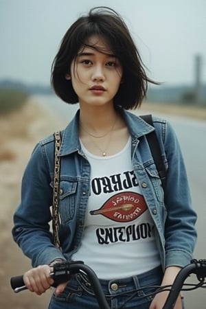 1girl, short hair, black hair, white t shirt, denim jacket, jeans, Harley Davidson motorcycle 