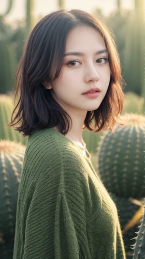 vibrant colors, female, masterpiece, sharp focus, best quality, depth of field, cinematic lighting, ((solo, one woman )), (illustration, 8k CG, extremely detailed), masterpiece, ultra-detailed, looking at viewer, short hair, green eyes, cactus, cactus clothes, no emotinal face, white hair
