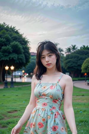 woman, flower dress, colorful,park background,exposure blend, medium shot, bokeh, (hdr:1.4), high contrast, (cinematic, teal and orange:0.85), (muted colors, dim colors, soothing tones:1.3), low saturation,Lydia08, random pose,