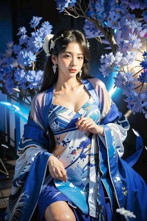(masterpiece, top quality, best quality, official art, beautiful and aesthetic:1.2), (1woman), extreme detailed,(abstract, fractal art:1.3),highest detailed, light_particles, hanfu,jewelry, sexy, Blue, ZeeJJKT48