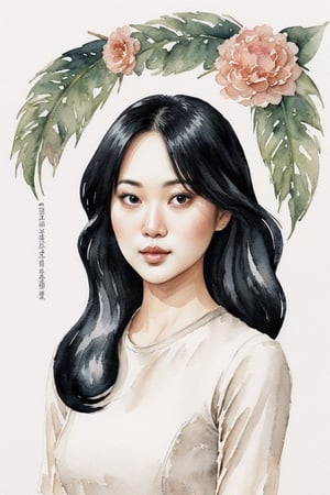 8k, illustration, lovley, Indonesian Woman afterlife, occult, moody, eerie, Junji Ito, flat linework, watercolor, poster colors,Long hair, well drawn face, well drawn eyes, flower,action pose, paper white background, amazing artwork, serendipity art, top half bodyfocus, intricate details, highly detailed, masterpiece, best quality, lineart, linewatercolorsdxl, Flat vector art,lamydef,girl wear brown dress, AkinaA