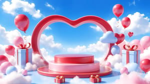 3D\(hubgstyle)\,a round podium on the ground in the middle, clouds, blue sky background, red and pink color, Love Shape Ballons, Giftbox, 3d style, good shine, OC rendering, highly detailed, volumetric, dramatic lighting, 