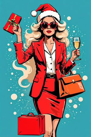 (2D illustration of 1woam with Christmas suit, wear sunglasses and holding Champagne and big red bag of gifts in strong outlines, bold traces, high contrast, (professional vector), Generate a banner with the text “Selamat natal”,text logo,Text, best quality, flat colors, flat lights, low levels, (powder explosion).,PoP art