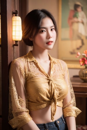 masterpiece, high quality, oil painting style, 1woman, Indonesian, sexy blouse, oil lantern only source of light in room, traditional village rope bed backdrop, Warm light, photo-realistic, 