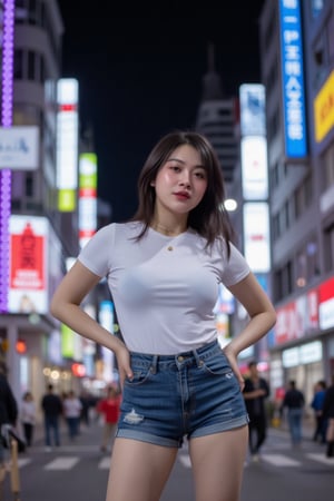 A stunning Asian woman stands tall on a bustling nighttime street, surrounded by the vibrant lights of the city's skyline. She wears a crisp white T-shirt paired with fitted jeans shorts, her confident pose accentuated by the neon hues reflecting off her skin. The camera captures her striking figure from a low angle, emphasizing her stature against the urban backdrop.