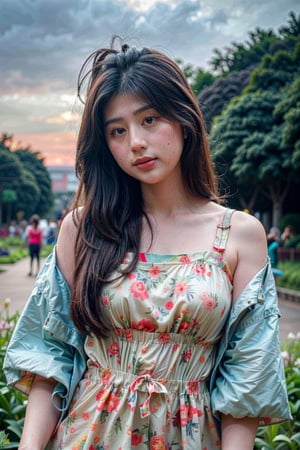 woman, flower dress, Long hair. colorful,park background,exposure blend, medium shot, bokeh, (hdr:1.4), high contrast, (cinematic, teal and orange:0.85), (muted colors, dim colors, soothing tones:1.3), low saturation,Lydia08, random pose,