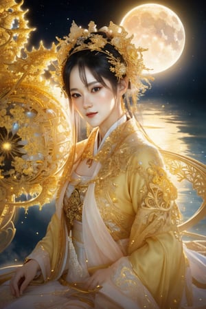 (masterpiece, top quality, best quality, official art, beautiful and aesthetic:1.2), (1woman), extreme detailed,(abstract, fractal art:1.3),highest detailed, light_particles, hanfu,jewelry, sexy,Yellow, Gold, Moon,Dream Girl, AkinaA