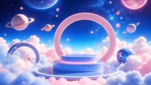 3D\(hubgstyle)\,
a round podium on the ground in the middle, cosmos theme, clouds, starry sky, planets in the sky, gradient blue and pink galaxy in the background, professional 3d model, anime artwork pixar, 3d style, good shine, OC rendering, highly detailed, volumetric, dramatic lighting, 