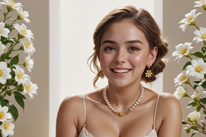 (best quality, masterpiece, ultra detailed, 8K, RAW photo), young English woman, 25,  pretty, highly detailed cute face, sitting,
 laughing, realisitc flower and pearl necklace, golden hoop earrings, illustrated background, well lit background,
 golden hour, natural lighting, hyper detailed, detailed,sharp focus, photo, highly detailed,
detailmaster2,more saturation, ( big breasts 1.2), (detailed eyes 1.2),naked ,slutty,