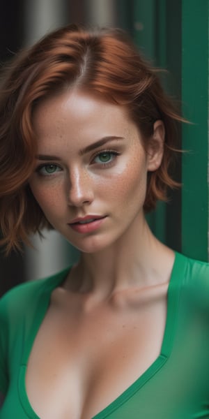 RAW photo, (high detailed skin:1.2), 8k uhd, dslr, cinematic lighting, high quality, film grain, Fujifilm XT3, ( beautiful woman, wearing tight green shirt, detailed face, symmetrical face, beautiful face, freckles, huge boobs, huge_breasts, fair skin, Irish, 35 years old, fit, slender, red hair, curly hair, short hair, skinny, green_eyes, freckles, detailed body , seductive, looking at camera, bare, dark alley,full body focus shot,