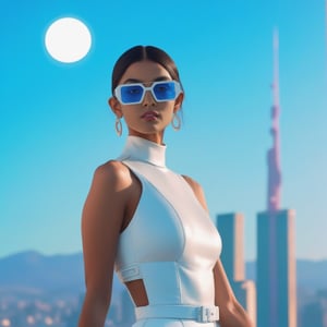 ((full-body realistic photo)) of ((beautiful young futuristic indian woman)) wearing ((rectangle shaped dolce and gabbanna white sunglasses)), blue sky background, 80s aesthetic, portrait sophie mudd, aesthetic!!!! tron movie style, cyberpunk2077, subtle neon underlighting, 8 k, juicy color, hiperrelistic, photorealistic