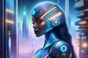 A futuristic and sleek illustration of a model agency named "The Agency AI". The logo consists of a stylized human silhouette holding a superimposed AI circuit board. The silhouette's eyes are glowing, and the overall design is done in a blend of metallic and holographic colors. The background showcases a futuristic cityscape with neon lights and skyscrapers, evoking a sense of high technology and innovation., illustration,DonMQu4n7umZ3r0XL 
