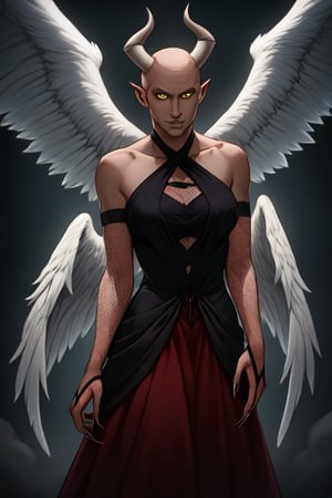half angel, half demon character, bald, woman, thin short horns on the sides of the head above the ears, bright yellow eyes, open angel wings, hand with long nails placed delicately on the chin, mesh gloves, dress black with neckline.