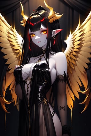 character half angel, half demon, long black hair, woman, short thin horns on the sides of the head above the ears, bright yellow eyes, angel wings spread, hand with long nails placed delicately on the chin, mesh gloves , black dress with neckline.