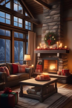 (Masterpiece, high quality, Best quality, Official Art, Beauty and Aesthetics:1.2) living room of a cabin in front of the chimney Christmas decorations throughout the room, center table in front of the fireplace with 2 mug type cups of hot chocolate, you can see the smoke of chocolate leaving the cups, a festive atmosphere and festive atmosphere and warm light waiting for the arrival of the New Year