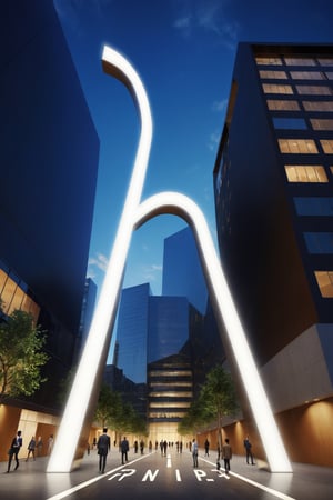 i want to see a wayfinding signs, There is a three-dimensional "P" on it, that is Elegant shape, huge, energetic, vitalist, metallic, Super Fine, Best Lighting, Outdoors, office building, key visuals, atmospheric, highly realistic,ultra Quality ray tracing,there are pedestrians in front