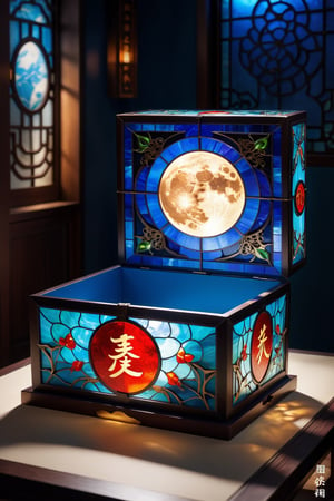 i want to see a exquisite mooncook packaging box, it is rectangular, art paper covering, openwork, embedded in stained glass, energetic, exquisite craftsmanship, Super Fine, Best Lighting, key visuals, placed on modern Chinese furniture, atmospheric, highly realistic,ultra Quality ray tracing