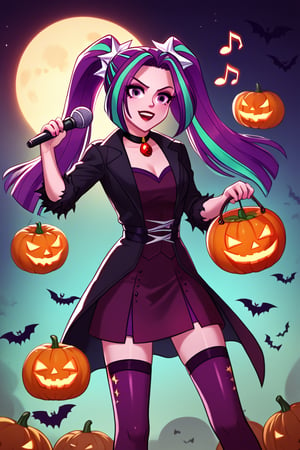  by scorpdk, scorpdk, score_9, score_8_up, score_7_up, score_6_up, score_5_up, score_4_up, source_furry, source_pony,  pony my little pony, equestria girls, 

solo, 1woman
nice red lips, 
(human witch outfit aria blaze mlp, )

singing, microphone, musical notes, 


ghosts, scared, 

Halloween party background, 
pumpkins, witches, black cats, bats, 