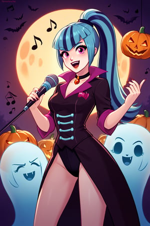  by scorpdk, scorpdk, score_9, score_8_up, score_7_up, score_6_up, score_5_up, score_4_up, source_furry, source_pony,  pony my little pony, equestria girls, 

solo, 1woman
nice red lips, 
(human witch outfit sonata dusk mlp, )

singing, microphone, musical notes, 


ghosts, scared, 

Halloween party background, 
pumpkins, witches, black cats, bats, 