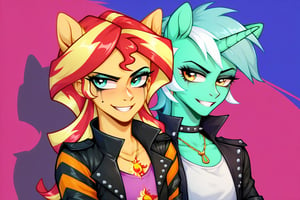 Prompt: Score_9, Score_8_up, Score_7_up, Score_6_up, Score_5_up, Score_4_up, source_cartoon, my little pony, Lyra, Bon Bon,
Sunset Shimmer MLP,  seven human girls.  Punk clothing. mlp cartoon art. pony ears, bright eye makeup looks.  ghetto background, growling, 