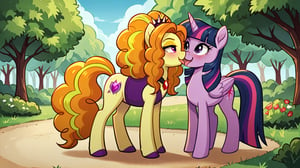  by scorpdk, scorpdk, score_9, score_8_up, score_7_up, score_6_up, score_5_up, score_4_up, source_furry, source_pony, rating_safe, pony my little pony


pony adagio_dazzle, 
pony twilight_sparkle, 
standing on all 4s, 

park background, 


duo, 2girly,   

tongue kissing, happy, blushing, 

