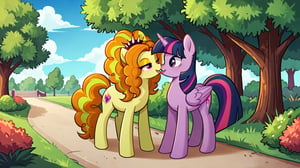  by scorpdk, scorpdk, score_9, score_8_up, score_7_up, score_6_up, score_5_up, score_4_up, source_furry, source_pony, rating_safe, pony my little pony


pony adagio_dazzle, 
pony twilight_sparkle, 
standing on all 4s, 

park background, 


duo, 2girly,   

tongue kissing, happy

